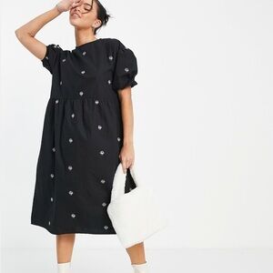 Native Youth Puff Sleeve Midi Smock Dress Mushroom Embroidery in Black M Fairy